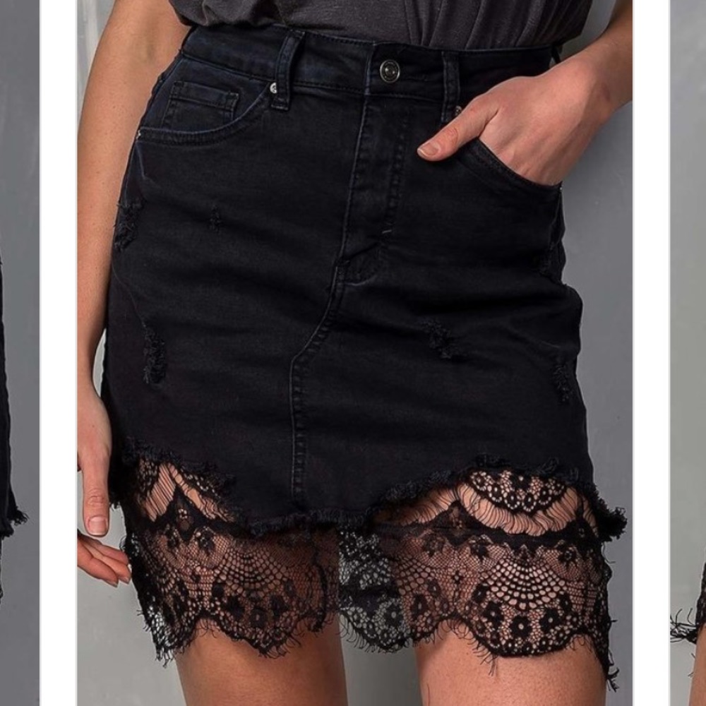 Black Denim Skirt with lace hem